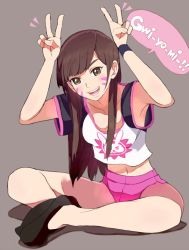Rule 34 | 1girl, animal print, ankle socks, breasts, brown background, brown eyes, brown hair, butterfly sitting, casual, collarbone, d.va (overwatch), double v, facepaint, facial mark, hands up, long hair, looking at viewer, navel, open mouth, overwatch, overwatch 1, pink shorts, rabbit print, shirt, shoes, short sleeves, shorts, simple background, sitting, smile, socks, solo, sou (sona99), speech bubble, v, whisker markings, wristband