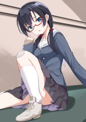 Rule 34 | 1girl, :o, absurdres, bandaid, bandaid on knee, bandaid on leg, black hair, black skirt, blazer, blue eyes, breasts, commentary, commission, eyelashes, forehead, frilled skirt, frills, glasses, hair ribbon, highres, indoors, jacket, knee up, kneehighs, long hair, long sleeves, looking at viewer, low twintails, medium breasts, open mouth, original, pixiv commission, ribbon, school uniform, shadow, skirt, socks, solo, twintails, uniform, white socks, yanagi marie