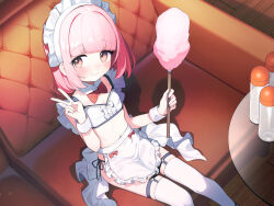 1girl apron black_panties blush bow bowtie commentary_request couch crop_top detached_collar duster flat_chest frilled_apron frills glass_table highres holding holding_duster looking_at_viewer lotion_bottle maid maid_headdress navel original panties pink_eyes pink_hair red_bow red_bowtie short_hair side-tie_panties signalviolet sitting smile solo table thighhighs underwear v white_apron white_thighhighs wrist_cuffs