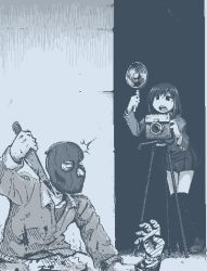 Rule 34 | 1boy, 1girl, 1other, ^^^, ambiguous gender, arm up, balaclava, blazer, blood, blood on clothes, bloody knife, camera, hamsterfragment, hands up, hatching (texture), holding, holding knife, jacket, jaggy lines, knife, leaning forward, legs together, linear hatching, loafers, long sleeves, monochrome, open mouth, original, over-kneehighs, pants, partially unbuttoned, sanpaku, school uniform, shoes, skirt, stab, standing, suicidal girl (hamsterfragment), teeth, thighhighs, tripod, upper teeth only