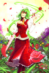 Rule 34 | 1girl, ascot, breasts, closed umbrella, female focus, field, flower, flower field, green hair, holysnow, kazami yuuka, large breasts, nature, outdoors, petals, plaid, plaid skirt, plaid vest, plant, red eyes, red flower, red rose, rose, shaded face, short hair, skirt, skirt set, sky, solo, touhou, umbrella, vest
