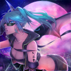 Rule 34 | 1girl, bad id, bad pixiv id, bat wings, breasts, cleavage, elbow gloves, female focus, glasses, gloves, gradient background, green eyes, green hair, matching hair/eyes, medium breasts, midriff, outdoors, ponytail, rabbit19, sky, solo, sonika, sunglasses, vocaloid, wings