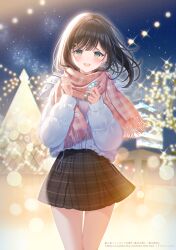 Rule 34 | 1girl, black hair, black skirt, blurry, blurry background, blush, commentary request, depth of field, fringe trim, green eyes, hair ornament, hairclip, hands up, highres, holding, jacket, long sleeves, looking at viewer, myusha, night, night sky, official art, original, outdoors, pink scarf, pink sweater, plaid, plaid scarf, plaid skirt, pleated skirt, puffy long sleeves, puffy sleeves, ribbed sweater, scarf, skirt, sky, solo, star (sky), starry sky, sweater, white jacket