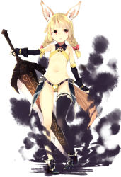 Rule 34 | 1girl, animal ears, armor, bare legs, bare shoulders, bikini armor, black thighhighs, blonde hair, bow, braid, elin, fingerless gloves, flat chest, gloves, hair bow, highres, navel, red eyes, revision, single thighhigh, solo, subachi, sword, tail, tera online, thighhighs, twin braids, weapon