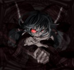 Rule 34 | 1girl, bow, commentary request, covered mouth, dark, detached sleeves, evil eyes, glowing, glowing eyes, grey hair, hair between eyes, hakurei reimu, looking at viewer, m.u.g.e.n, maga-reimu, motion blur, outstretched arm, reaching, reaching towards viewer, red bow, red eyes, rion (glayjirobass), sidelocks, solo, touhou, uneven eyes, upper body, v-shaped eyebrows, v-shaped eyes