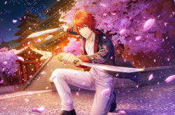 Rule 34 | 1boy, architecture, black footwear, black jacket, building, checkered clothes, cherry blossoms, collarbone, dragon print, dual wielding, earrings, east asian architecture, falling petals, game cg, highres, holding, holding sword, holding weapon, ittoki otoya, jacket, jewelry, light particles, looking at viewer, night, night sky, official art, on one knee, outdoors, outstretched arm, pants, parted lips, petals, red eyes, red hair, serious, shirt, short hair, short sword, single earring, sky, stairs, stone floor, sword, tassel, tassel earrings, third-party source, tree, uta no prince-sama, uta no prince-sama: shining live, v-neck, weapon, white pants, white shirt