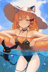 Rule 34 | absurdres, animal ear fluff, animal ears, black bow, black choker, black one-piece swimsuit, blonde hair, blush, bow, cat ears, choker, closed eyes, commentary, ears through headwear, hair bow, hat, highres, in water, innertube, long hair, low twintails, lucie (millie parfait), millie parfait, naokomama, nijisanji, nijisanji en, one-piece swimsuit, sun hat, swim ring, swimsuit, twintails, virtual youtuber