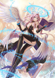 Rule 34 | 10s, 1girl, 2015, angel, angel wings, archangel metatron (p&amp;d), bad id, bad pixiv id, blue eyes, book, bridal gauntlets, choker, dated, full body, halo, highres, long hair, magic circle, multiple wings, nail polish, pink hair, puuzaki puuna, puzzle &amp; dragons, revealing clothes, runes, shoes, signature, solo, white wings, wings