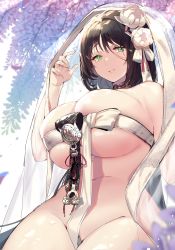 Rule 34 | 1girl, bari (destiny child), between breasts, black hair, breast press, breasts squeezed together, breast strap, breasts, choker, crotch strap, curvy, destiny child, flower, green eyes, hair flower, hair ornament, highres, huge breasts, large breasts, looking at viewer, mendou kusai, navel, no bra, no panties, parted lips, plump, puddle, revealing clothes, see-through, see-through silhouette, short hair, sideboob, sitting, smile, solo, thighs, underboob, veil, wet