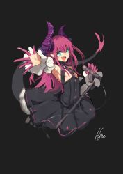 Rule 34 | 1girl, :d, artist name, black background, black dress, blue eyes, blush, dress, elizabeth bathory (fate), elizabeth bathory (fate/extra ccc), elizabeth bathory (first ascension) (fate), fate/grand order, fate (series), flat chest, hair between eyes, highres, holding, horns, lansane, looking at viewer, microphone, open mouth, outstretched arm, signature, simple background, smile, solo, tail