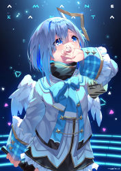 Rule 34 | 1girl, absurdres, amane kanata, angel, angel wings, armband, asymmetrical hair, black skirt, blue bow, blue bowtie, blue eyes, blue hair, bob cut, bow, bowtie, character name, colored inner hair, commentary, cowboy shot, crying, feathered wings, frilled skirt, frilled sleeves, frills, grey hair, grey jacket, hair intakes, halo, highres, holding, holding microphone, hololive, huge filesize, jacket, long sleeves, looking away, looking up, microphone, miniskirt, multicolored hair, pink hair, sad, sailor collar, school uniform, short hair, single hair intake, skirt, solo, stage, star halo, streaked hair, tears, tsukino (nakajimaseiki), turtleneck, virtual youtuber, white wings, wide sleeves, wings