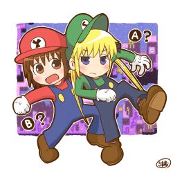 Rule 34 | 2girls, absurdres, blonde hair, blouse, blue eyes, blush, brown eyes, brown hair, brown headwear, chiban, closed mouth, gloves, green headwear, green shirt, hat, highres, kill me baby, long hair, long sleeves, looking at viewer, mario &amp; luigi rpg, multiple girls, open mouth, oribe yasuna, overalls, red headwear, red shirt, shirt, short hair, smile, sonya (kill me baby), white gloves
