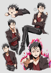 Rule 34 | ?, absurdres, black hair, black jacket, black pants, closed mouth, commentary request, closed eyes, grey background, hands in pockets, highres, jacket, long sleeves, looking at viewer, magic, male focus, mob psycho 100, mogutofuoes, multiple views, pants, parted lips, red shirt, shimazaki ryo, shirt, short hair, simple background, spoken question mark, sweat
