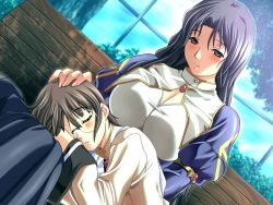 Rule 34 | 00s, 1boy, 1girl, blush, breasts, brooch, brown eyes, brown hair, cleavage, cleavage cutout, closed mouth, clothing cutout, dress, eclair burnet, closed eyes, fingernails, game, game cg, glasses, grey hair, hand on another&#039;s head, hgame, jewelry, large breasts, long fingernails, long hair, long sleeves, looking at another, looking down, lying, m&amp;m, magical witch academy, maho, on lap, puffy sleeves, sitting, sky, tagme