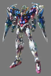 Rule 34 | 00 gundam, 00s, arms at sides, clenched hands, glowing, glowing eyes, green eyes, grey background, gundam, gundam 00, mecha, no humans, retsujin, robot, simple background, solo, sword, weapon