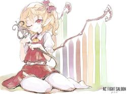 Rule 34 | 1girl, barefoot, blonde hair, bow, closed mouth, fang, fang out, flandre scarlet, full body, hair bow, laevatein, looking at viewer, one eye closed, pointy ears, puffy short sleeves, puffy sleeves, red bow, red eyes, red skirt, short sleeves, sitting, sketch, skirt, skirt set, smile, solo, tail, touhou, tsuru (nekopanchi), vest, white background, wings