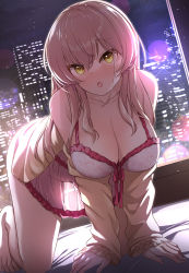 Rule 34 | 1girl, :o, all fours, babydoll, bare shoulders, barefoot, blush, breasts, cleavage, collarbone, commentary, commentary request, highres, idolmaster, idolmaster cinderella girls, indoors, jougasaki mika, large breasts, long sleeves, looking at viewer, mk (mod0), open mouth, pink hair, see-through, solo, thighs, white babydoll, window, yellow eyes