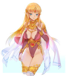 Rule 34 | 1girl, alternate breast size, alternate costume, aqua background, aqua eyes, arm at side, armor, bare shoulders, blush, bracelet, breasts, bridal gauntlets, cameltoe, circlet, cleavage, collarbone, commentary request, covered erect nipples, covered navel, cropped legs, fang, forehead jewel, gem, gradient background, groin, hand on own chest, heiyz, highleg, highleg leotard, highres, jewelry, large breasts, leotard, long hair, looking at viewer, nail polish, nintendo, parted bangs, parted lips, pauldrons, pointy ears, princess zelda, purple leotard, red gemstone, see-through, shoulder armor, sidelocks, smug, solo, the legend of zelda, the legend of zelda: a link between worlds, thighhighs, thighlet, thighs, white thighhighs