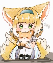 Rule 34 | 1girl, animal, animal ears, arknights, black footwear, black gloves, blonde hair, blue hairband, blush, cat, chibi, closed mouth, commentary request, dot mouth, dress, fox ears, fox girl, fox tail, frilled dress, frills, gloves, green eyes, hairband, kitsune, knees up, kyuubi, looking at viewer, mokoo rokoo, multiple tails, pantyhose, single glove, single wrist cuff, sitting, solo, suzuran (arknights), tail, torn clothes, torn pantyhose, white pantyhose, wrist cuffs