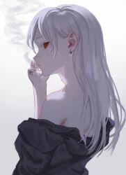 Rule 34 | 1girl, absurdres, black shirt, earrings, from behind, hand on own face, highres, jewelry, kyano (kyanora3141), long hair, looking at viewer, off shoulder, original, red eyes, ringed eyes, shirt, sidelocks, smoke, solo, upper body, white hair