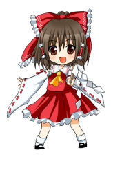 Rule 34 | 1girl, asahana jun, ascot, bow, brown eyes, brown hair, chibi, detached sleeves, female focus, fighting stance, foreshortening, hair bow, hair tubes, hakurei reimu, japanese clothes, jpeg artifacts, miko, open mouth, outstretched arm, simple background, smile, solo, touhou