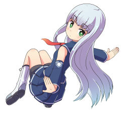 Rule 34 | aoki hagane no arpeggio, black shorts, blue shirt, blue skirt, breasts, closed mouth, detached sleeves, expressionless, floating, green eyes, iona (aoki hagane no arpeggio), jito, long hair, necktie, outstretched arms, red neckwear, shirt, shoes, shorts, silver hair, simple background, skirt, sleeveless, sleeveless shirt, small breasts, straight hair, white background