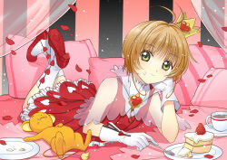 Rule 34 | 1girl, 1other, antenna hair, bare shoulders, bed, bedroom, boots, brooch, brown hair, cake, cardcaptor sakura, chrisanother, clamp (circle) (style), cream, cream on face, crown, dress, falling petals, food, food on face, fork, frilled dress, frills, gloves, green eyes, head rest, heart, heart brooch, holding, holding fork, jewelry, kero (cardcaptor sakura), kinomoto sakura, looking at viewer, lying, magical girl, mini crown, on stomach, petals, pillow, red dress, see-through, shawl, short hair, smile, solo, strawberry shortcake, tea, the pose, white footwear, white gloves