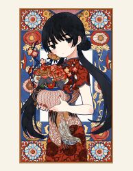 Rule 34 | 1girl, absurdres, animal print, bird print, black eyes, black hair, border, braid, braided bun, branch, china dress, chinese clothes, closed mouth, commentary request, cowboy shot, dress, floral background, floral print, flower, hair bun, highres, holding, holding vase, long hair, looking at viewer, nail polish, original, print dress, red dress, red flower, red nails, short sleeves, solo, standing, twintails, vase, very long hair, white border, white flower, zinbei