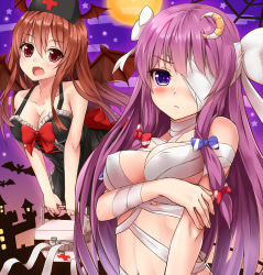 Rule 34 | 2girls, alternate costume, bandage over one eye, bandages, bat wings, black dress, blue bow, bow, breast hold, breasts, chiroshiron, cleavage, closed mouth, covered erect nipples, crescent, crescent hair ornament, demon wings, dress, fang, first aid kit, hair bow, hair ornament, halloween, hat, head wings, highres, koakuma, large breasts, long hair, multiple girls, naked bandage, nurse cap, open mouth, patchouli knowledge, purple eyes, purple hair, red bow, red eyes, red hair, touhou, very long hair, white bow, wings