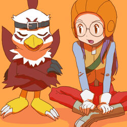 Rule 34 | 1girl, belt, digimon, digimon (creature), feathers, hat, hawkmon, inoue miyako, looking at another