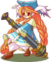 Rule 34 | 1girl, animal ears, boots, breath of fire, breath of fire iii, cannon, dress, glasses, gown, hat, kokutou, kokutou eiri, long hair, lowres, m1 bazooka, momo (breath of fire), orange hair, pixel art, red eyes, robe, rocket launcher, solo, twintails, very long hair, weapon