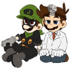 Rule 34 | 2boys, brothers, brown hair, carrying, clenched teeth, dr. mario, dr. mario (game), facial hair, gloves, hat, highres, luigi, mario, mario (series), mimimi (mimimim9999), mr. l, multiple boys, mustache, nintendo, paper mario, siblings, stethoscope, super paper mario, teeth, white background, white gloves