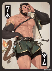 Rule 34 | 1boy, abs, alca (wakatanka4), alternate costume, animal ears, bara, beard, black hair, black sleeves, blush, bulge, card (medium), detached sleeves, dolphin shorts, facial hair, feet out of frame, flame-tipped tail, from below, green shorts, gyee, hand on own head, highres, key, large pectorals, leggings under shorts, legs together, lion boy, lion ears, lion tail, looking at viewer, male focus, mature male, muscular, muscular male, mustache stubble, navel hair, nipples, original, pectorals, short hair, shorts, shy, solo, stomach, strongman waist, stubble, tail, telekinesis, thick eyebrows, tooboshoo, undercut