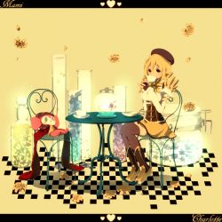 Rule 34 | 10s, 1girl, beret, black thighhighs, blonde hair, boots, chair, character name, charlotte (madoka magica), checkered floor, corset, covered mouth, creature, cup, detached sleeves, dress, drill hair, flask, floor, flower, full body, hat, heart, highres, jar, knee boots, letterboxed, long hair, mahou shoujo madoka magica, mahou shoujo madoka magica (anime), petals, plate, skirt, striped clothes, striped thighhighs, table, tama (nezumi), teacup, tears, thighhighs, thighhighs under boots, tomoe mami, twin drills, twintails, vertical-striped clothes, vertical-striped thighhighs, vial, yellow background, yellow dress, yellow eyes, yellow skirt, yellow theme