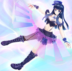 Rule 34 | 1girl, aquaplus, bare shoulders, black hair, blue eyes, blush, boots, breasts, cleavage, closed mouth, collarbone, covered collarbone, crop top, fingerless gloves, frilled skirt, frills, full body, gloves, gradient eyes, hat, hime cut, large breasts, long hair, midriff, multicolored eyes, off shoulder, pantyhose, raised eyebrows, sideboob, sidelocks, skirt, sleeveless, smile, solo, thighs, toned, toned female, touma kazusa, very long hair, white album, white album (series), white album 2, yoki furuki