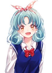 Rule 34 | 1girl, aqua hair, blue vest, blush, bow, bowtie, idolmaster, idolmaster million live!, looking at viewer, loose bowtie, open collar, polka dot hairband, red bow, red bowtie, shirt, simple background, smile, solo, tm21, tokugawa matsuri, upper body, vest, white background, white shirt