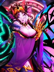 Rule 34 | 1girl, absurdres, bare shoulders, breasts, claws, cleavage, demon girl, digimon, fangs, highres, lilithmon, lilithmon x-antibody, lipstick, makeup, seven great demon lords, sharp nails, wings, yellow eyes