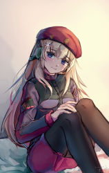 Rule 34 | 1girl, absurdres, ak74m (girls&#039; frontline), artist name, beret, black pantyhose, blonde hair, blue eyes, blush, breasts, closed mouth, dated, girls&#039; frontline, hair between eyes, hair ornament, hat, headset, highres, long hair, looking at viewer, medium breasts, mocha033, pantyhose, red skirt, russian flag, simple background, sitting, skirt, smile, snowflake hair ornament, solo, tactical clothes