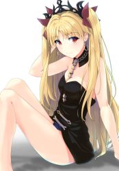Rule 34 | 1girl, between breasts, black choker, black leotard, blonde hair, bow, breasts, choker, cleavage, diadem, earrings, ereshkigal (fate), fate/grand order, fate (series), hair bow, hand in own hair, jewelry, k3rd, leotard, long hair, looking at viewer, red bow, red eyes, simple background, sitting, small breasts, smile, solo, strapless, strapless leotard, twintails, very long hair, white background