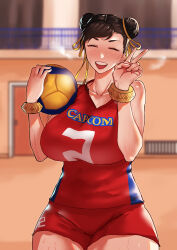 Rule 34 | 1girl, absurdres, ball, black hair, bracelet, breasts, capcom, chun-li, closed eyes, collarbone, double bun, fukamichi ran&#039;ou, hair bun, highres, jewelry, large breasts, open mouth, red shirt, shirt, short hair, short shorts, shorts, sleeveless, sleeveless shirt, solo, sportswear, street fighter, sweat, teeth, upper teeth only, v, volleyball (object), volleyball uniform