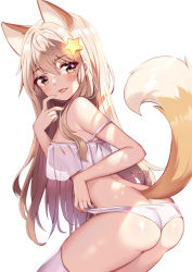 Rule 34 | 1girl, :3, animal ears, annytf, ass, bare arms, bare shoulders, bent over, bikini, breasts, brown eyes, brown hair, closed mouth, fox ears, fox girl, fox tail, from behind, hair ornament, highres, indie virtual youtuber, long hair, looking at viewer, looking back, medium breasts, sidelocks, simple background, smile, solo, squchan, star (symbol), star hair ornament, swimsuit, tail, tail raised, thighhighs, thighs, tongue, tongue out, virtual youtuber, white background, white bikini, white thighhighs