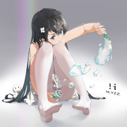 Rule 34 | 1girl, absurdres, artist name, black hair, blue eyes, bottle, bubble, bubble wand, closed mouth, commentary, english commentary, feet, flower, full body, gradient background, hair flower, hair ornament, highres, hlyzz, holding, holding bottle, knees up, looking at viewer, no shoes, original, panties, panties under pantyhose, pantyhose, simple background, sitting, skirt, solo, thighband pantyhose, underwear, white flower, white panties, white pantyhose, white skirt