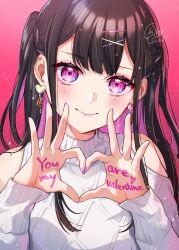 Rule 34 | 1girl, bare shoulders, black hair, blush, bow, breasts, colored inner hair, earrings, hair ornament, hairclip, heart, heart earrings, heart hands, highres, jewelry, long hair, looking at viewer, mole, mole under eye, multicolored hair, open mouth, original, pink background, pink eyes, pink hair, shinishi chiho, simple background, smile, solo, twintails, valentine