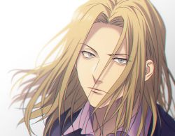 Rule 34 | 1boy, blonde hair, blue eyes, closed mouth, collared shirt, commentary, hair between eyes, long hair, looking at viewer, male focus, mashima shima, mitsugi (paradise), paradise (visual novel), portrait, purple shirt, serious, shirt, simple background, solo, white background
