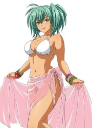 Rule 34 | 00s, 1girl, bikini, bracelet, breasts, cleavage, green eyes, green hair, ikkitousen, jewelry, large breasts, legs, looking at viewer, lots of jewelry, matching hair/eyes, official art, open mouth, ryofu housen, sarong, side-tie bikini bottom, simple background, solo, swimsuit, thighs, twintails, white bikini