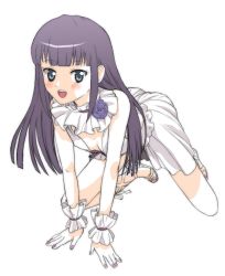 Rule 34 | 1girl, :d, all fours, bare shoulders, blue eyes, blunt bangs, blush, breasts, cleavage, cosplay, cross-laced footwear, dress, flat chest, flower, frills, full body, hairband, kikumaru bunta, looking at viewer, medium breasts, nail polish, open mouth, purple hair, sasa kazamori, sasa kazamori (cosplay), simple background, smile, solo, un-go, working!!, wrist cuffs, yamada aoi
