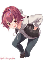 Rule 34 | 1girl, :d, black pants, casual, ebifurya, hair between eyes, hands in pockets, highres, hood, hood down, hooded track jacket, jacket, kantai collection, kinu (kancolle), leaning forward, long sleeves, looking at viewer, open mouth, pants, red eyes, red hair, short hair, simple background, smile, solo, track jacket, twitter username, white background, white jacket