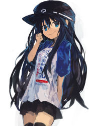 Rule 34 | 1girl, absurdres, akatsuki (kancolle), alternate costume, arm behind back, black eyes, black hair, black hat, black shorts, black thighhighs, blue eyes, blue sleeves, claw pose, closed mouth, clothes writing, commentary request, cowboy shot, flat cap, hair between eyes, hand up, hat, highres, kaamin (mariarose753), kantai collection, long hair, looking at viewer, multicolored eyes, raglan sleeves, shirt, short shorts, short sleeves, shorts, sidelocks, simple background, smile, solo, thighhighs, translation request, v-shaped eyebrows, very long hair, white background, white shirt