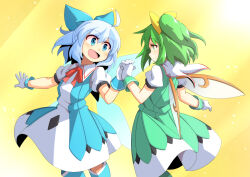 Rule 34 | 2girls, ahoge, blue bow, blue dress, blue eyes, blue hair, bow, cirno, closed mouth, commission, dairi, daiyousei, detached wings, dress, fairy wings, gloves, green dress, green eyes, green hair, hair bow, holding hands, ice, ice wings, looking at another, multiple girls, neckerchief, open mouth, red neckerchief, short hair, short sleeves, side ponytail, skeb commission, smile, touhou, white gloves, wings, yellow background