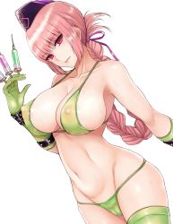 Rule 34 | 1girl, bare shoulders, between fingers, bikini, braid, breasts, cameltoe, cleavage, cocq taichou, covered erect nipples, elbow gloves, fate/grand order, fate (series), florence nightingale (fate), florence nightingale (trick or treatment) (fate), gloves, green bikini, green gloves, green thighhighs, hair ribbon, halterneck, hat, holding, large breasts, lips, long hair, navel, nipples, nurse cap, official alternate costume, parted lips, pink eyes, pink hair, puffy nipples, ribbon, see-through, sideboob, simple background, single braid, single thighhigh, skindentation, solo, sweat, swimsuit, syringe, thighhighs, white background
